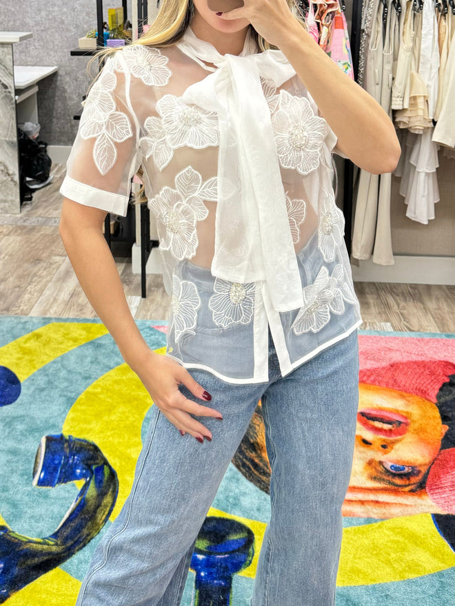 TheMellieShop Tops White Embroidered Floral Shirt