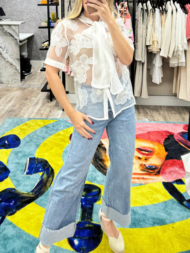 TheMellieShop Tops White Embroidered Floral Shirt